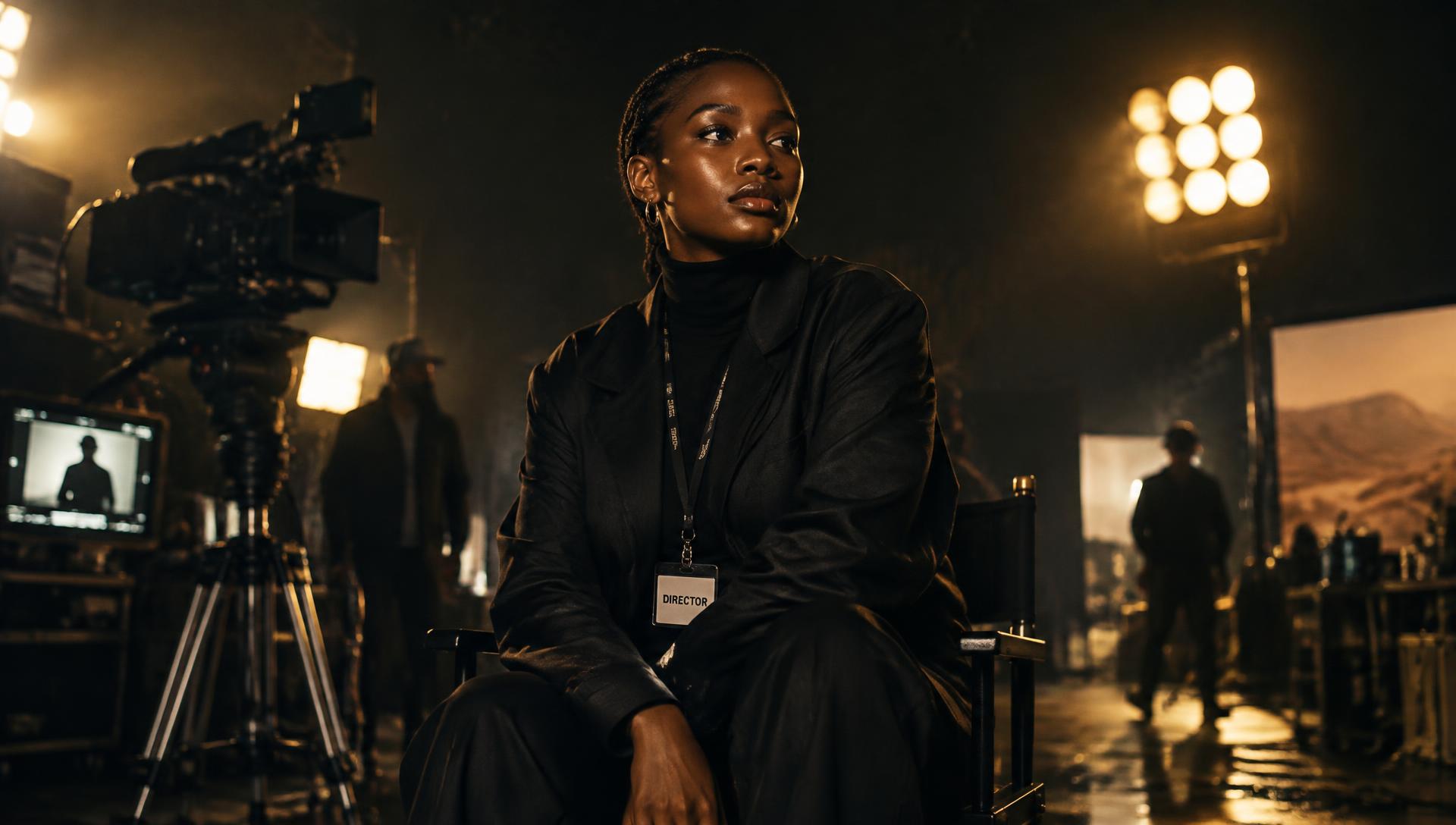 A young African film director on set under warm studio lights