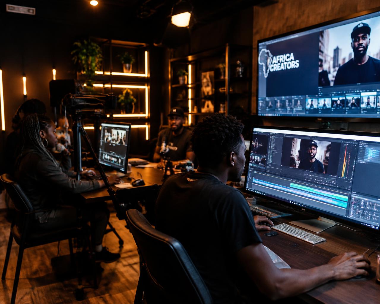 Young creators editing video in a modern media studio